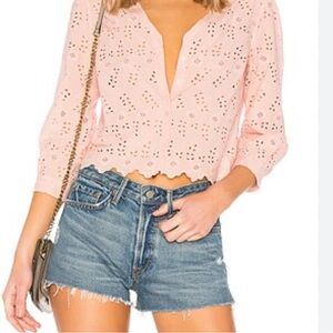 LoveShackFancy Eyelet V-Neck Cropped Valerie Top blouse button up Bloom Pink M